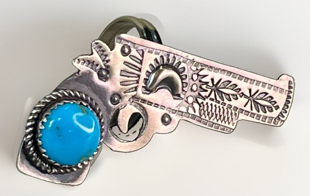 NAVAJO Sterling Silver Kingman Turquoise REVOLVER Adjust RING-Signed TIM YAZZIE